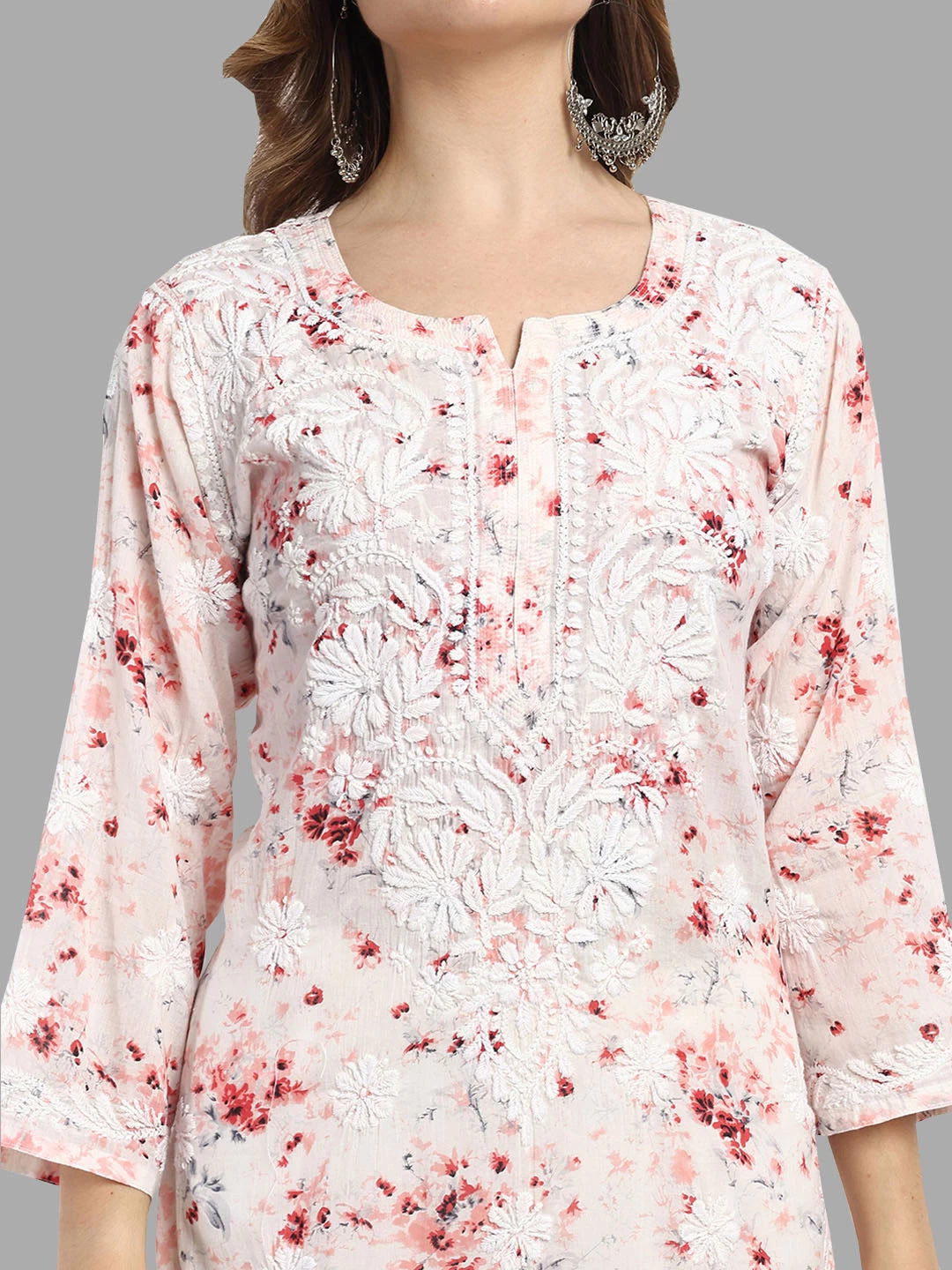 Ada Hand Embroidered Peach Cotton Floral Printed Lucknowi Chikankari Straight Kurta A411529