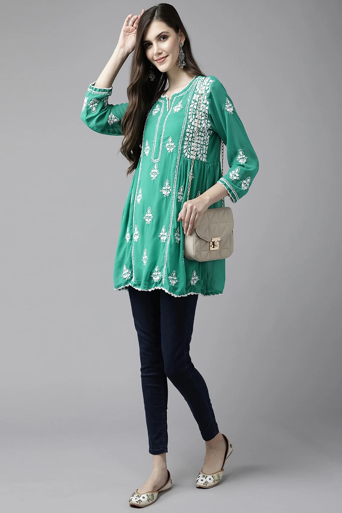 Ada Hand Embroidered Bottle Green Georgette Lucknowi Chikankari Flared Kurti With Slip A911264