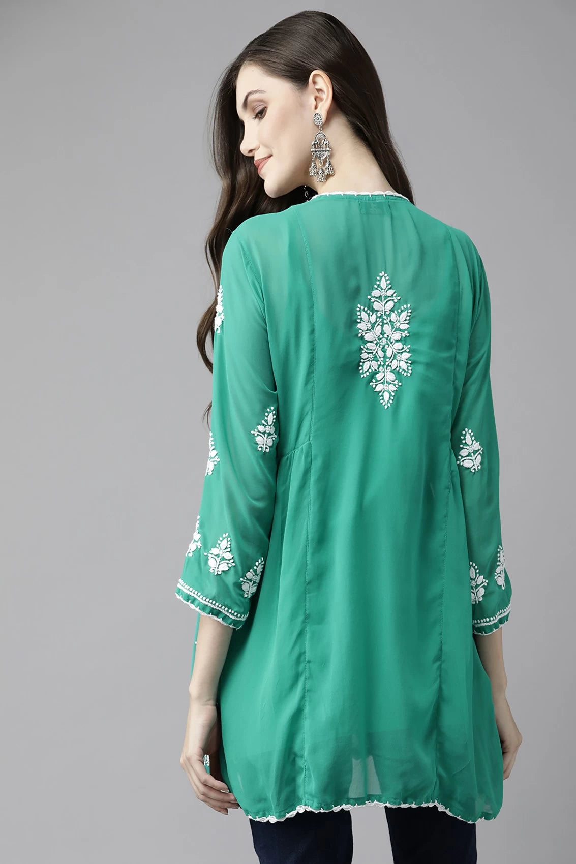 Ada Hand Embroidered Bottle Green Georgette Lucknowi Chikankari Flared Kurti With Slip A911264