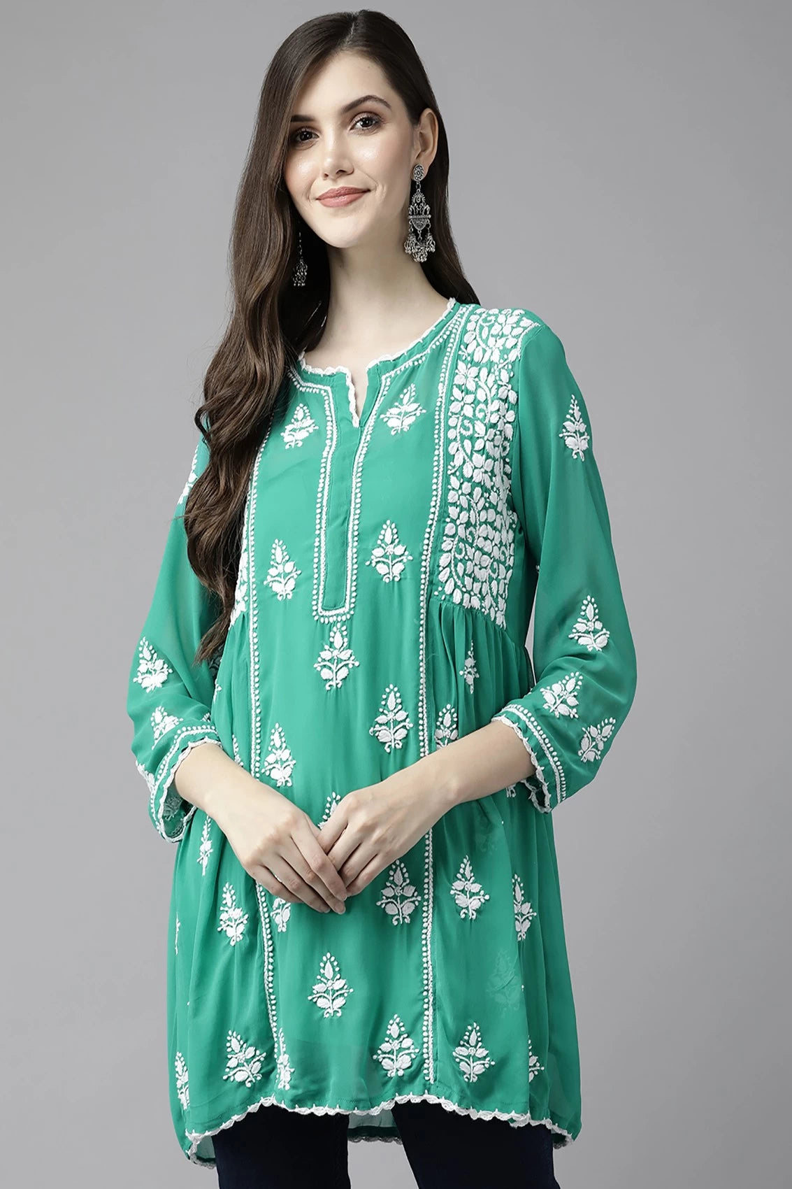 Ada Hand Embroidered Bottle Green Georgette Lucknowi Chikankari Flared Kurti With Slip A911264