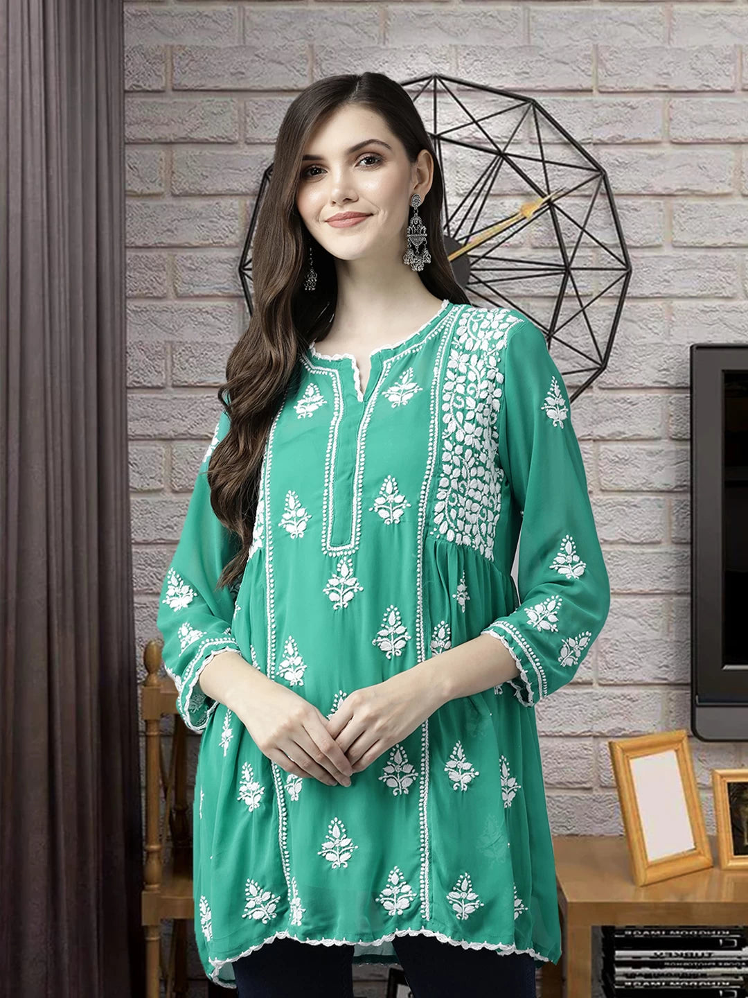 Ada Hand Embroidered Bottle Green Georgette Lucknowi Chikankari Flared Kurti With Slip A911264