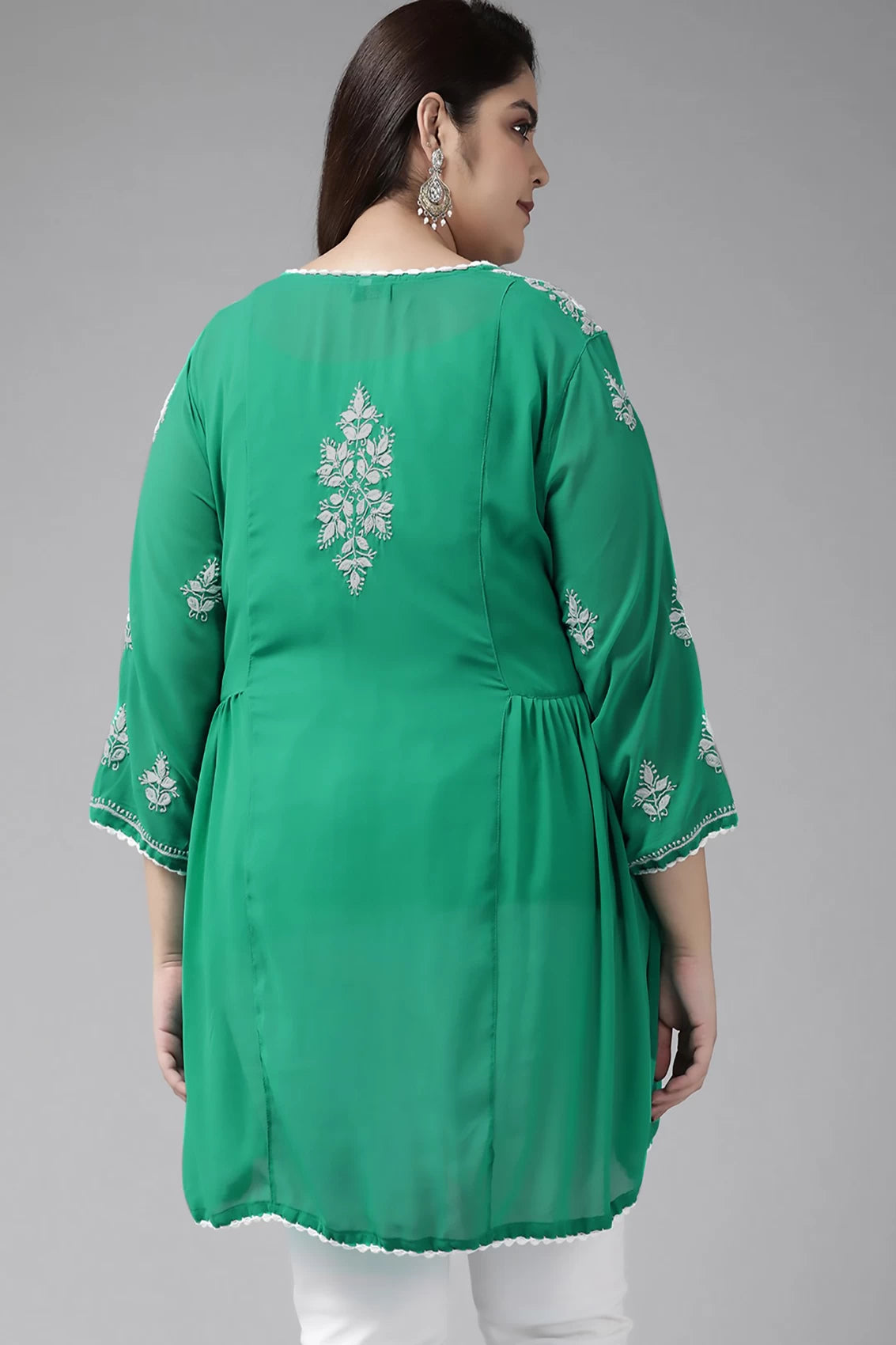 Ada Hand Embroidered Bottle Green Georgette Lucknowi Chikankari Flared Kurti With Slip A911264