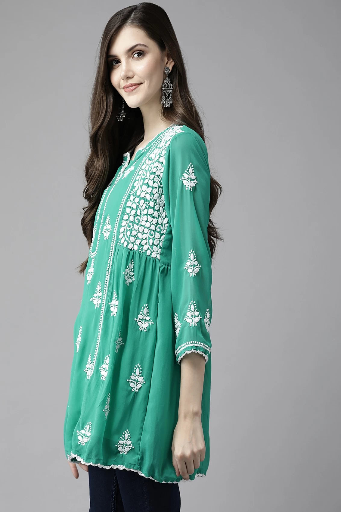 Ada Hand Embroidered Bottle Green Georgette Lucknowi Chikankari Flared Kurti With Slip A911264