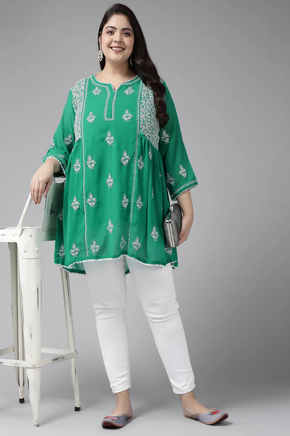 Ada Hand Embroidered Bottle Green Georgette Lucknowi Chikankari Flared Kurti With Slip A911264