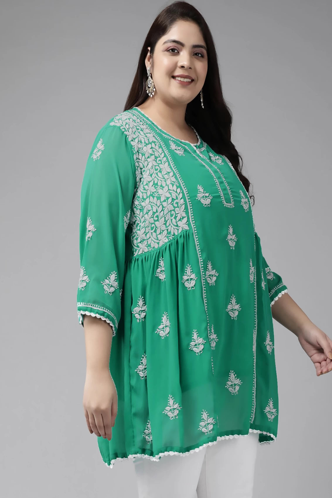 Ada Hand Embroidered Bottle Green Georgette Lucknowi Chikankari Flared Kurti With Slip A911264