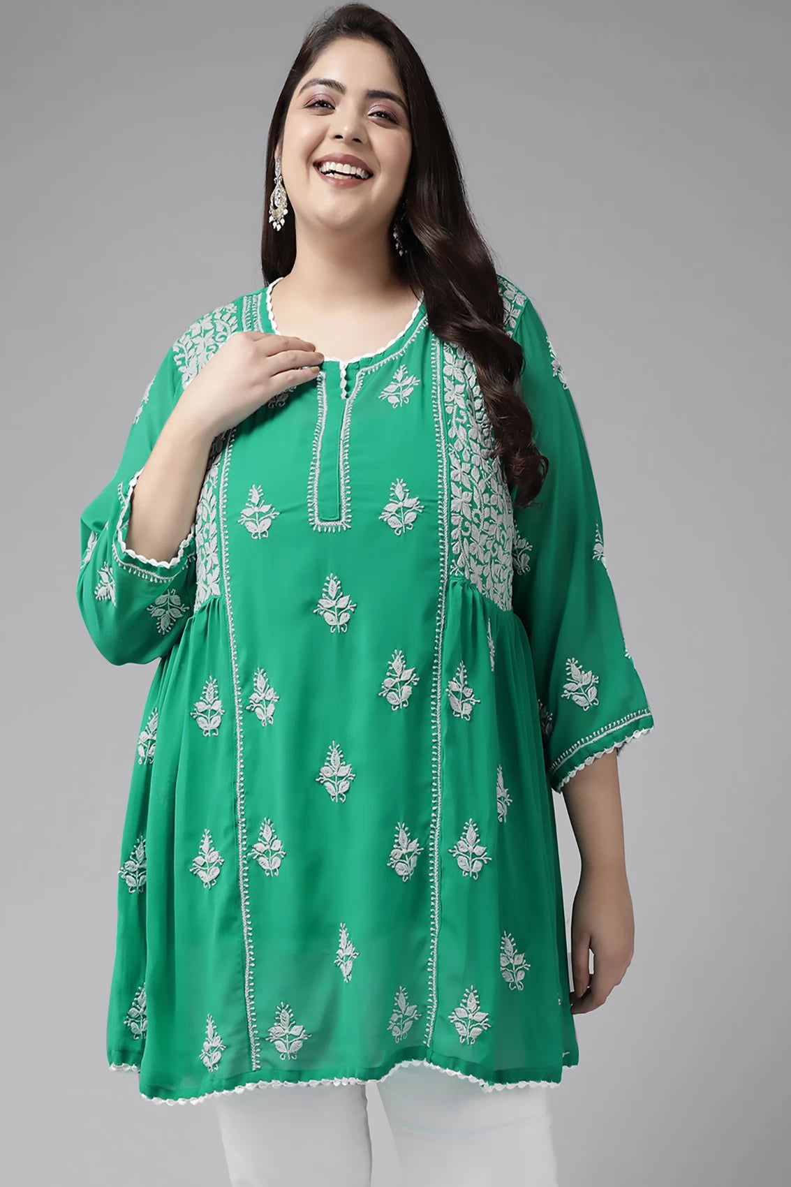 Ada Hand Embroidered Bottle Green Georgette Lucknowi Chikankari Flared Kurti With Slip A911264