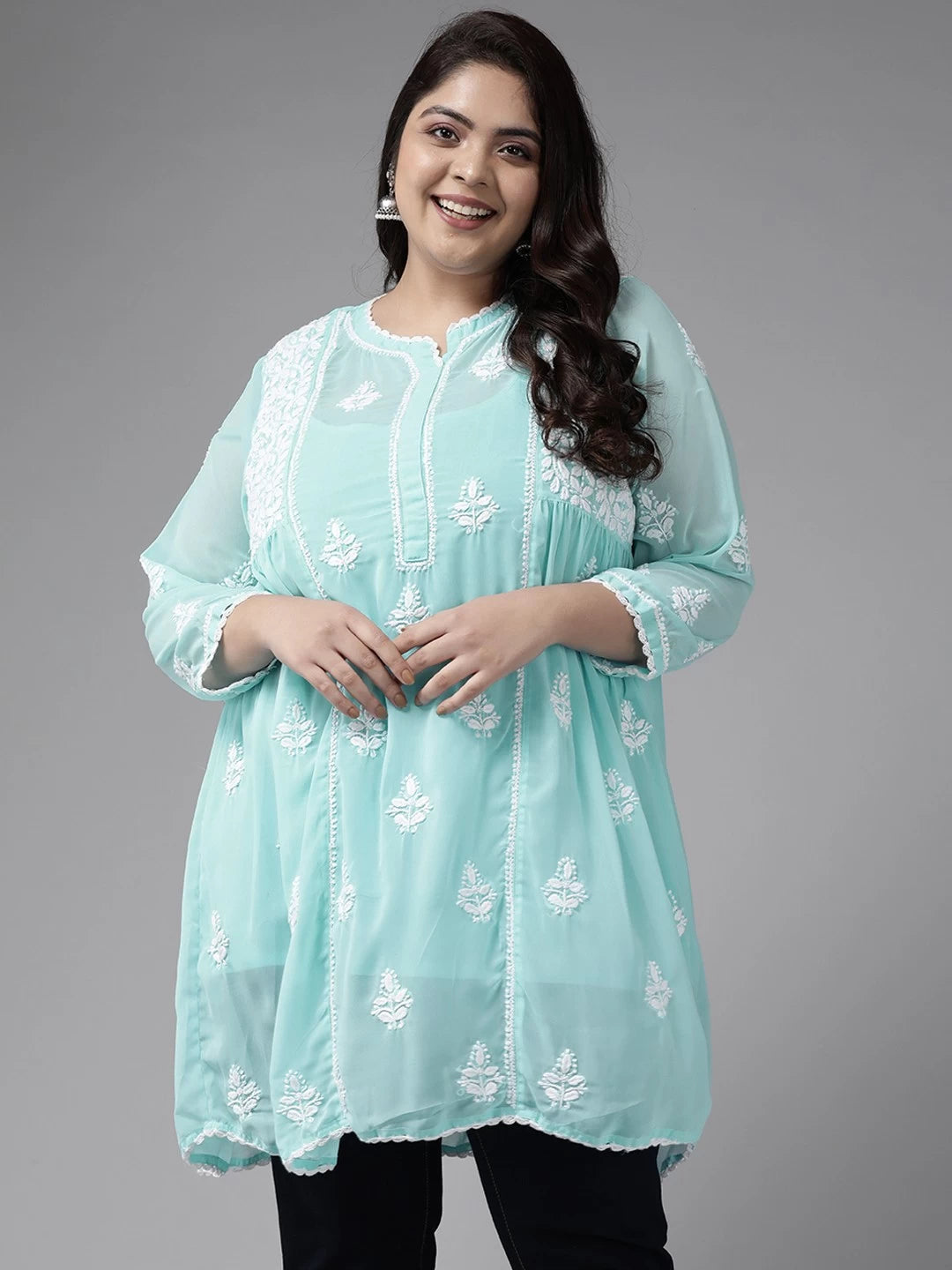Ada Hand Embroidered Blue Georgette Lucknowi Chikankari Flared Kurti With Slip A911257