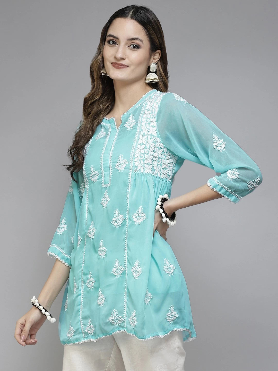 Ada Hand Embroidered Blue Georgette Lucknowi Chikankari Flared Kurti With Slip A911257