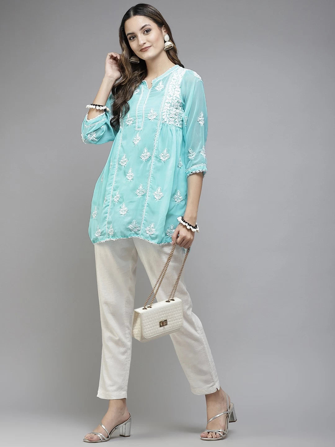 Ada Hand Embroidered Blue Georgette Lucknowi Chikankari Flared Kurti With Slip A911257