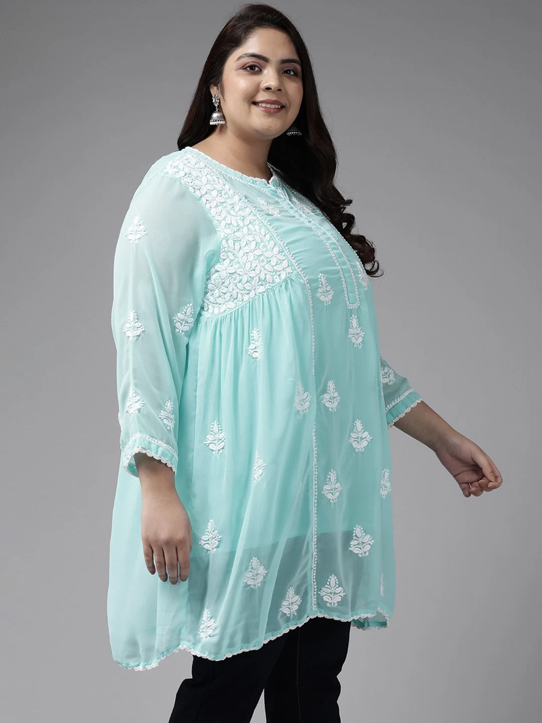Ada Hand Embroidered Blue Georgette Lucknowi Chikankari Flared Kurti With Slip A911257