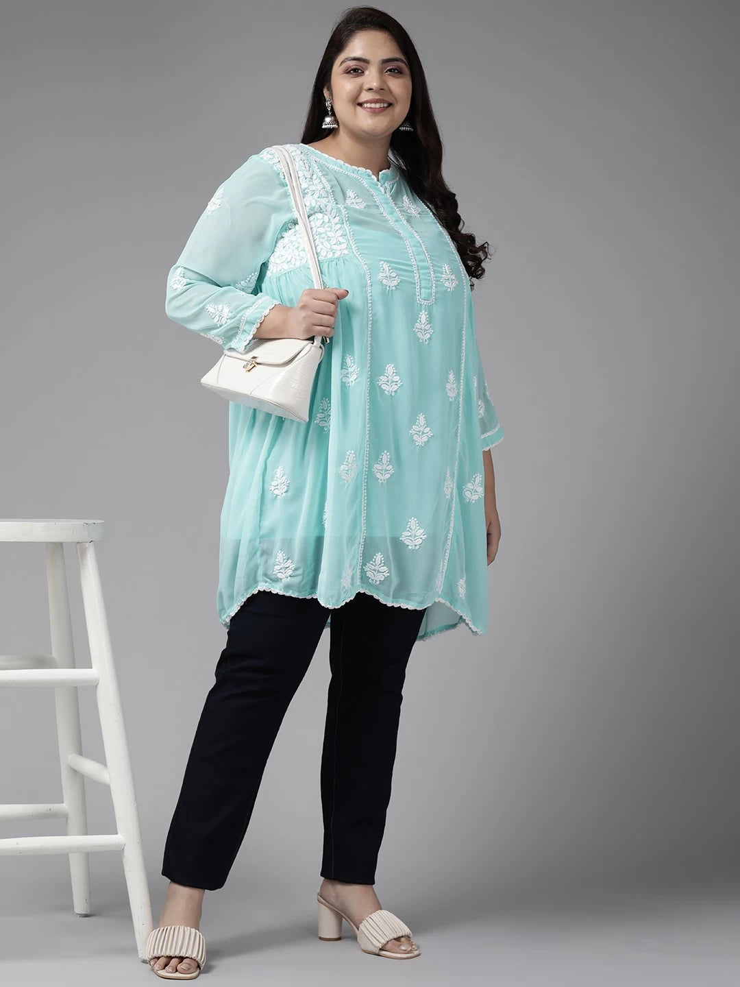 Ada Hand Embroidered Blue Georgette Lucknowi Chikankari Flared Kurti With Slip A911257