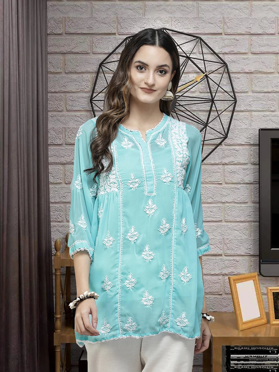 Ada Hand Embroidered Blue Georgette Lucknowi Chikankari Flared Kurti With Slip A911257