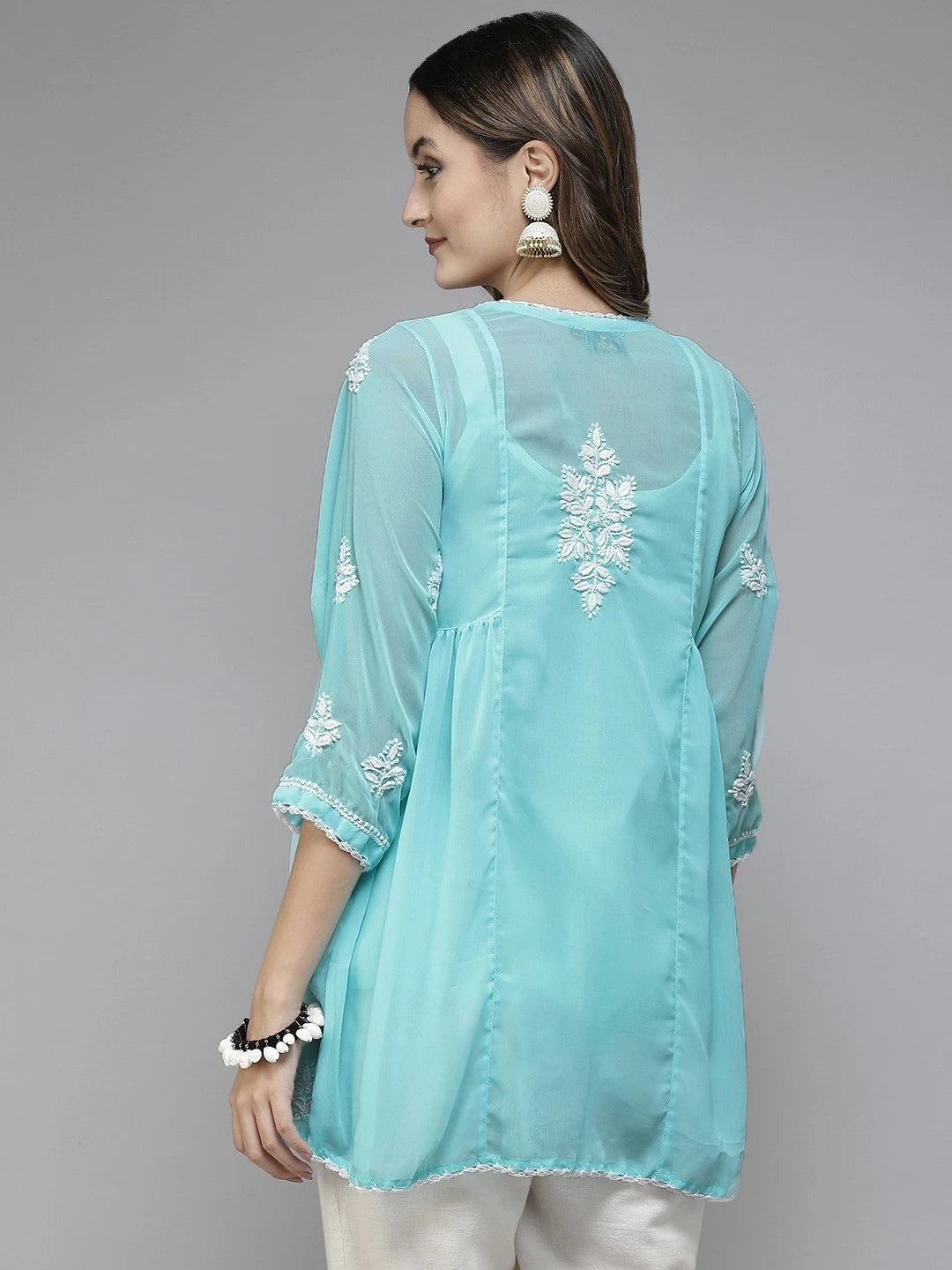 Ada Hand Embroidered Blue Georgette Lucknowi Chikankari Flared Kurti With Slip A911257