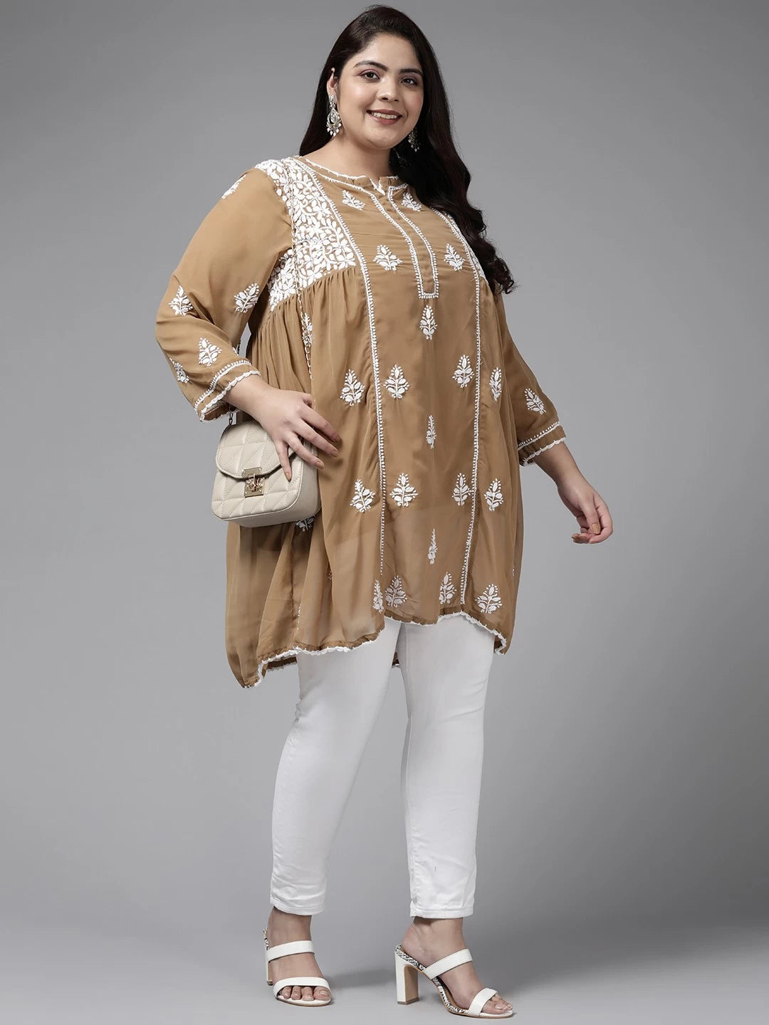 Ada Hand Embroidered Beige Georgette Lucknowi Chikankari Flared Kurti With Slip A911252