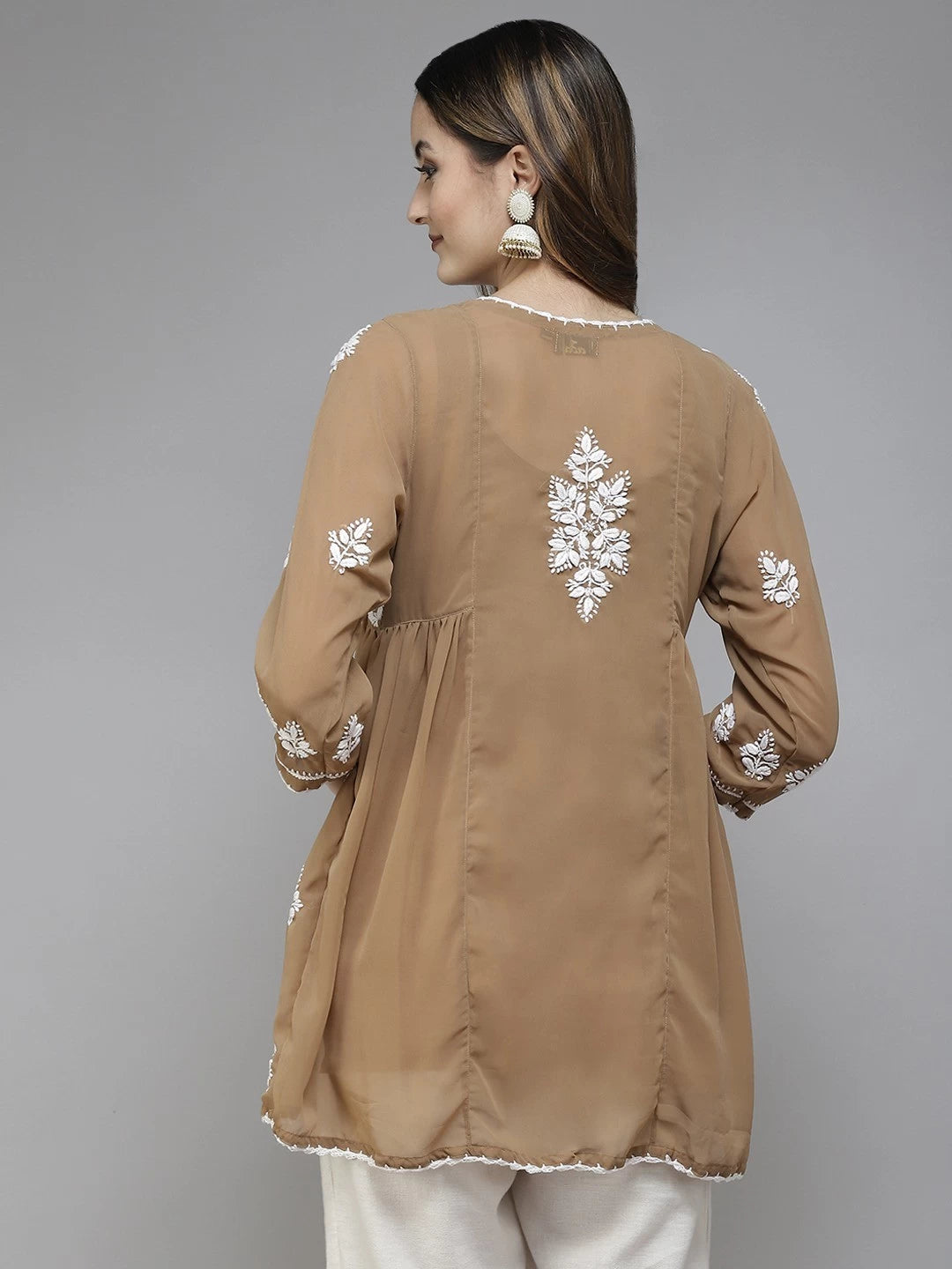 Ada Hand Embroidered Beige Georgette Lucknowi Chikankari Flared Kurti With Slip A911252