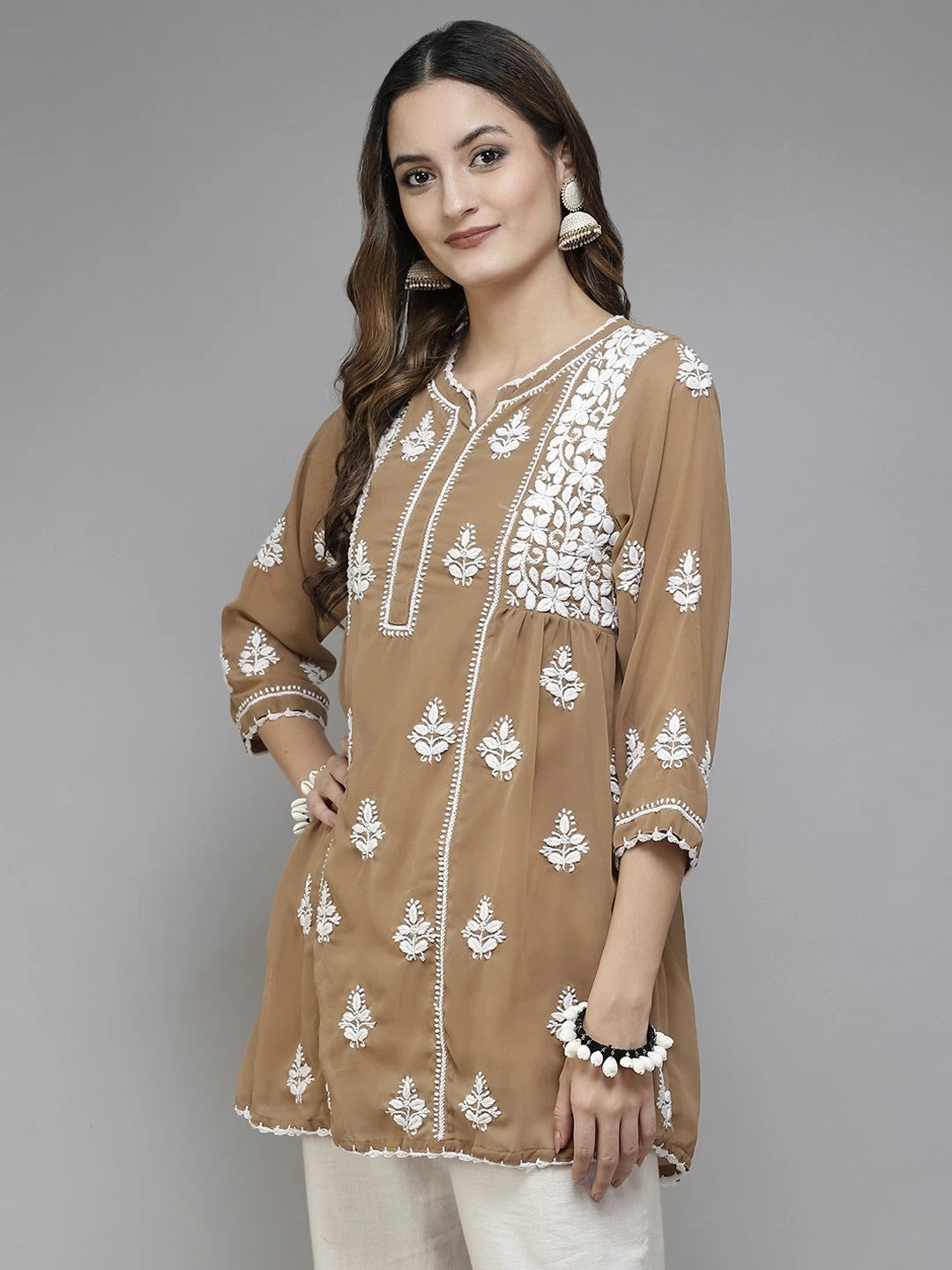 Ada Hand Embroidered Beige Georgette Lucknowi Chikankari Flared Kurti With Slip A911252
