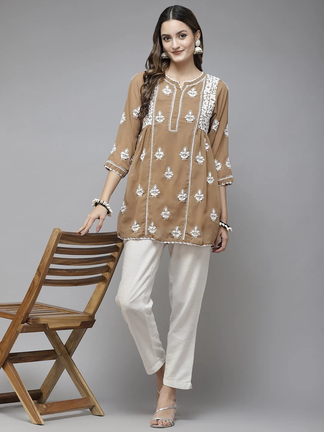 Ada Hand Embroidered Beige Georgette Lucknowi Chikankari Flared Kurti With Slip A911252