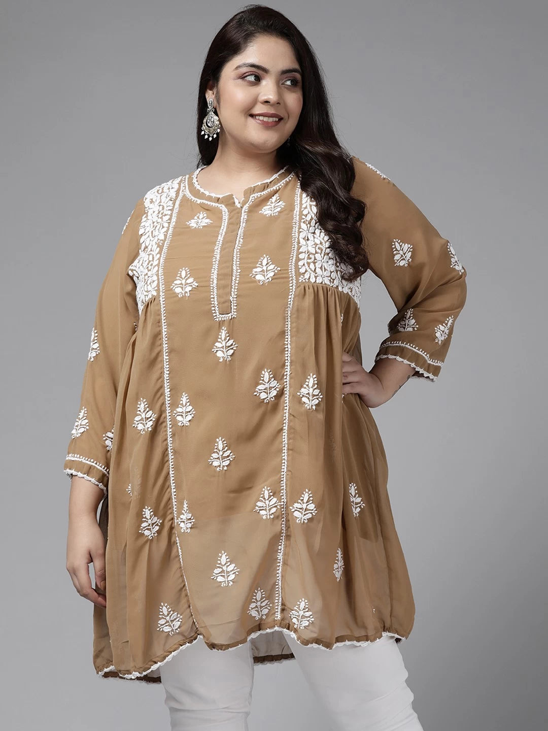 Ada Hand Embroidered Beige Georgette Lucknowi Chikankari Flared Kurti With Slip A911252