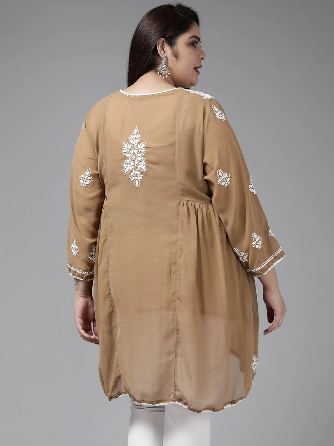Ada Hand Embroidered Beige Georgette Lucknowi Chikankari Flared Kurti With Slip A911252