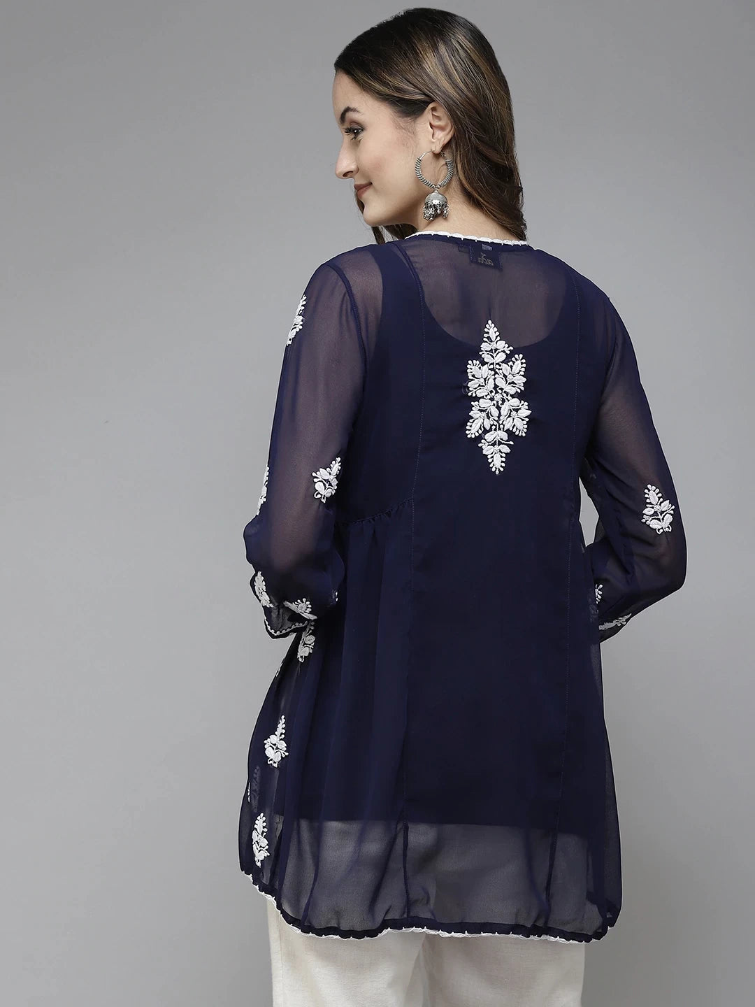Ada Hand Embroidered Navy Blue Georgette Lucknowi Chikankari Flared Kurti With Slip A911258