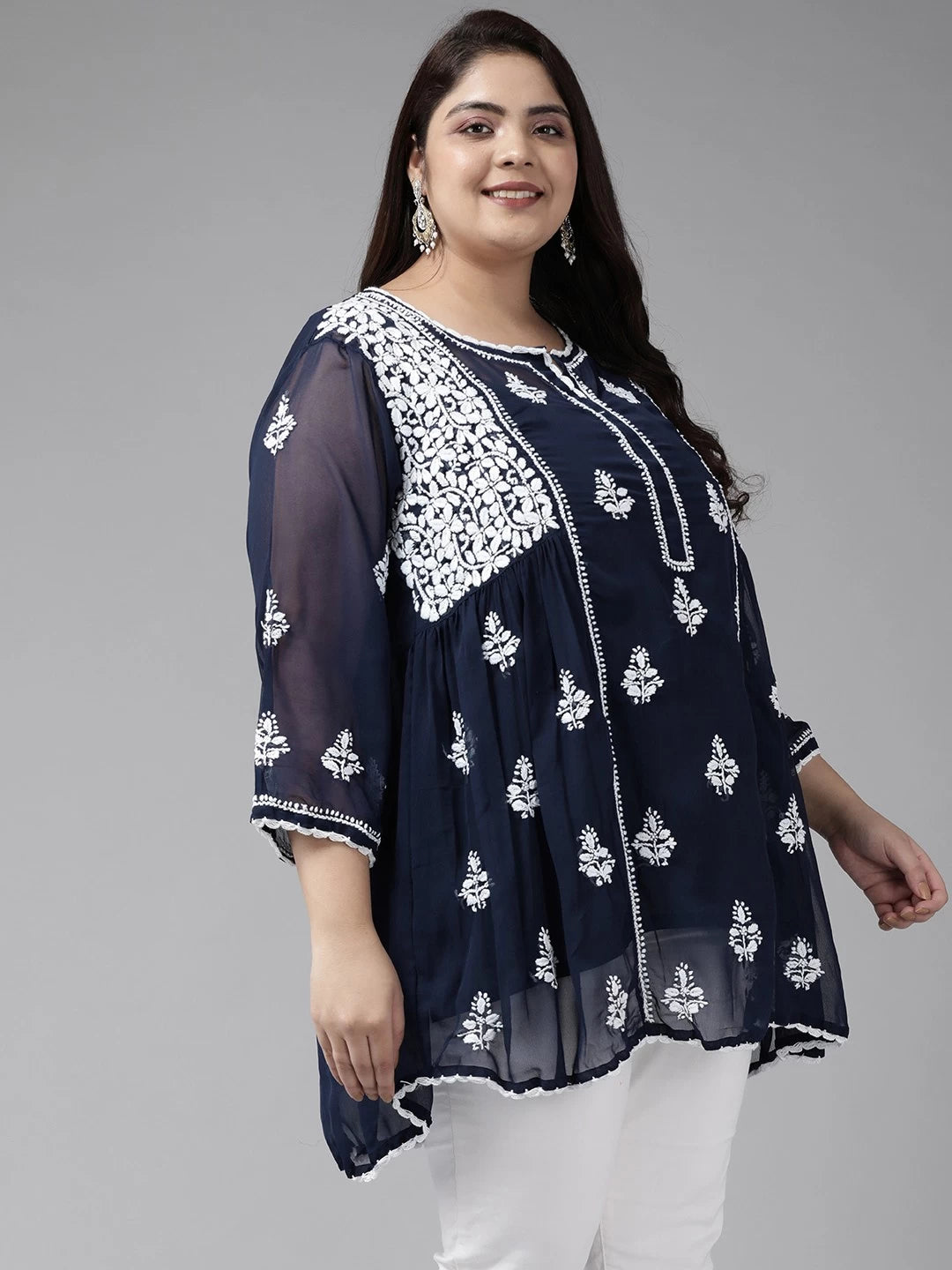 Ada Hand Embroidered Navy Blue Georgette Lucknowi Chikankari Flared Kurti With Slip A911258
