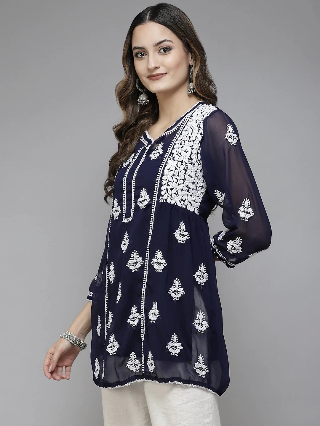 Ada Hand Embroidered Navy Blue Georgette Lucknowi Chikankari Flared Kurti With Slip A911258