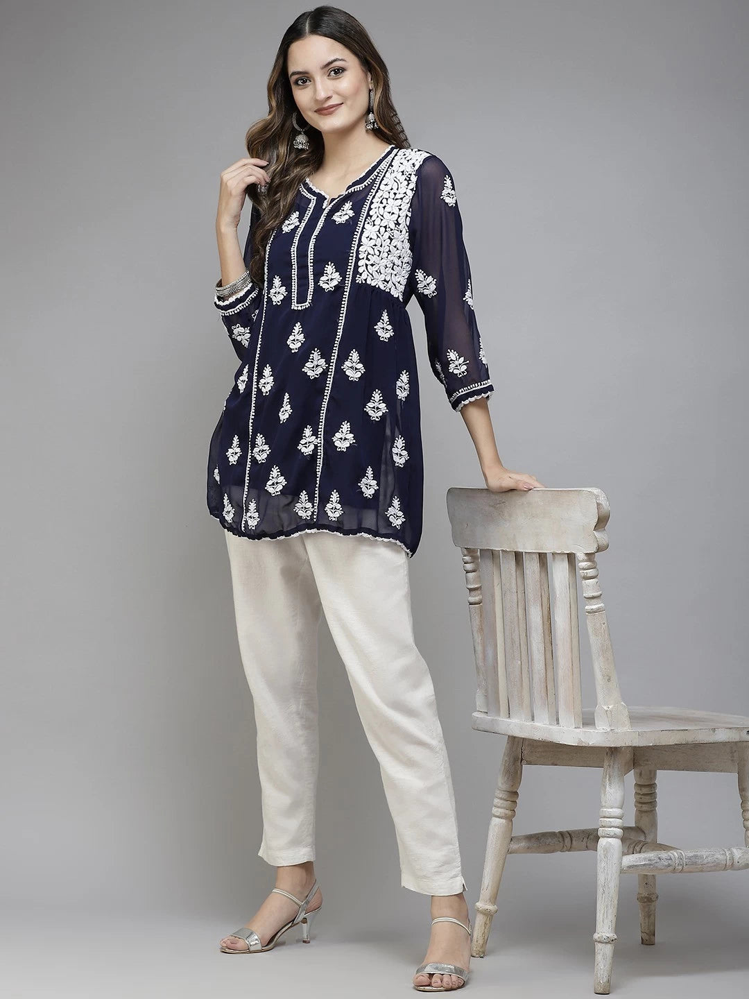 Ada Hand Embroidered Navy Blue Georgette Lucknowi Chikankari Flared Kurti With Slip A911258