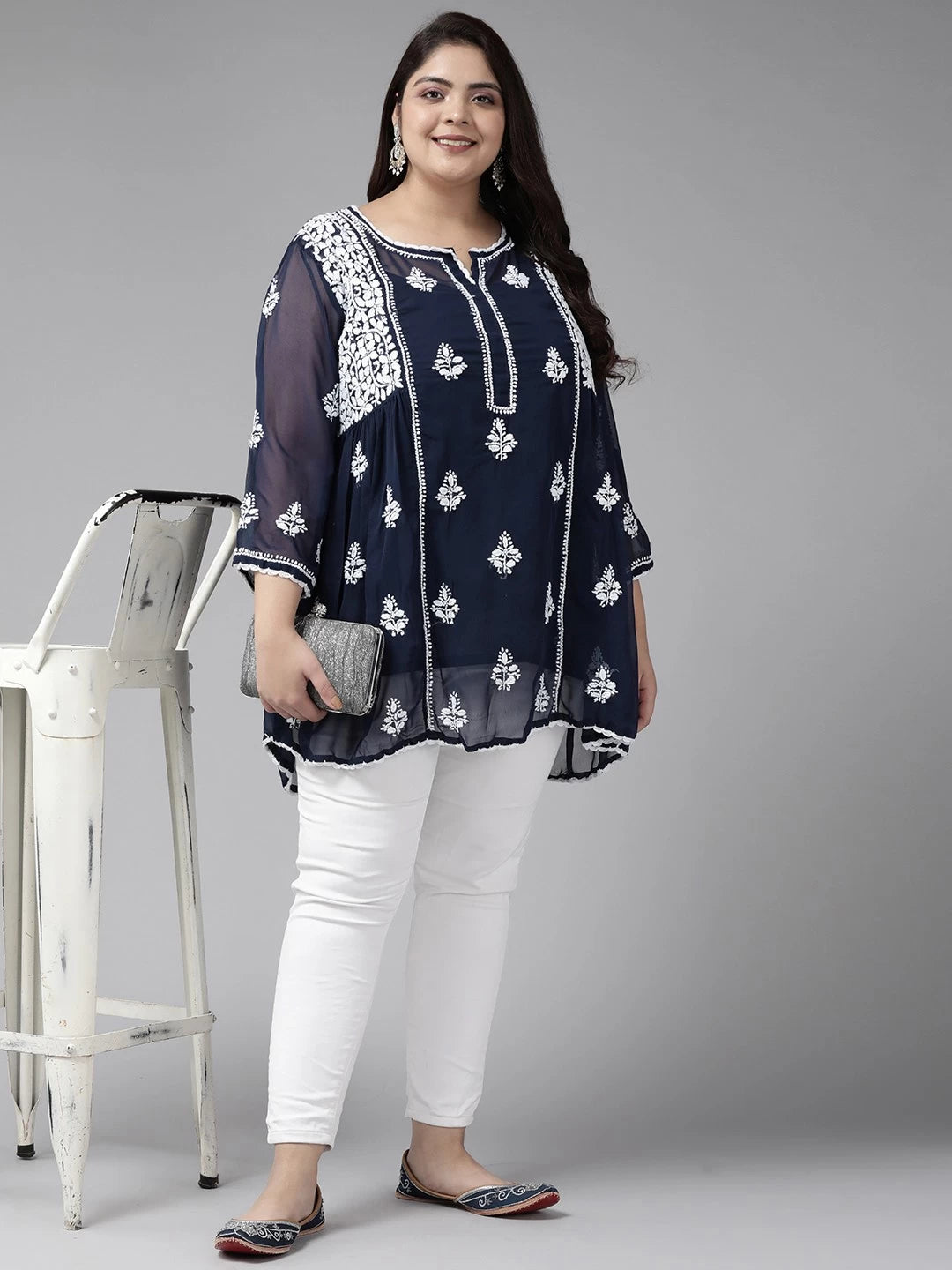 Ada Hand Embroidered Navy Blue Georgette Lucknowi Chikankari Flared Kurti With Slip A911258
