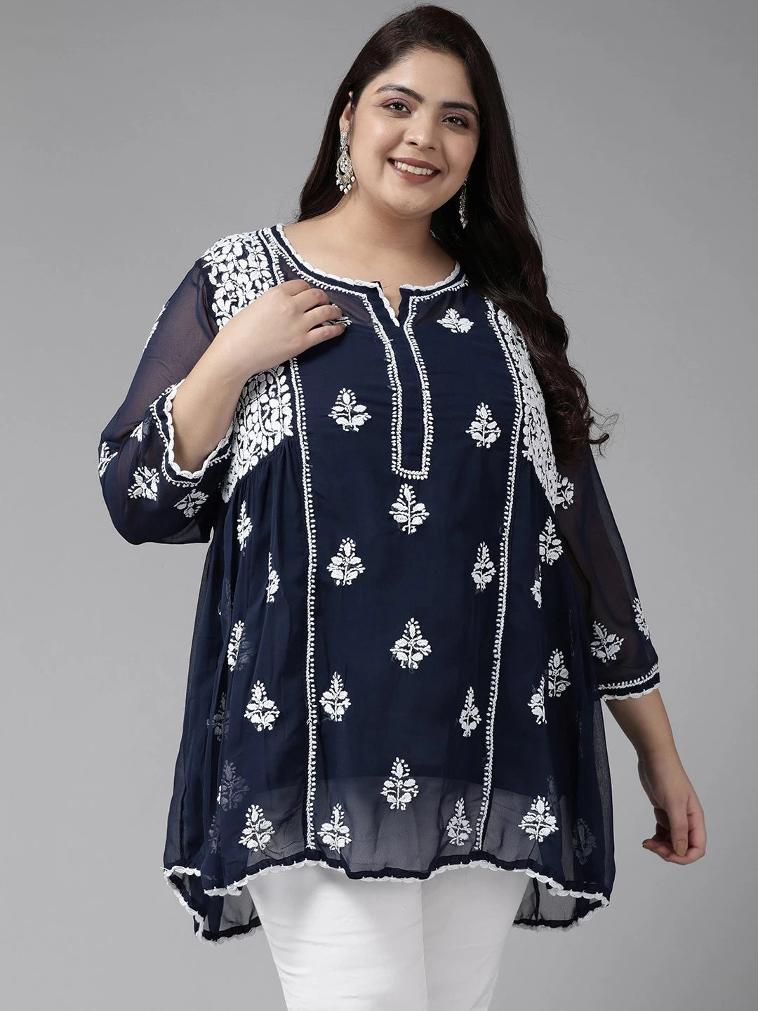 Ada Hand Embroidered Navy Blue Georgette Lucknowi Chikankari Flared Kurti With Slip A911258
