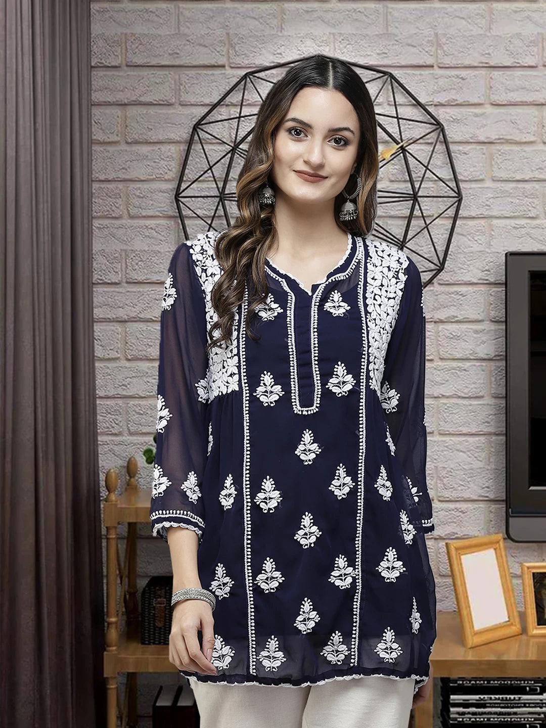 Ada Hand Embroidered Navy Blue Georgette Lucknowi Chikankari Flared Kurti With Slip A911258