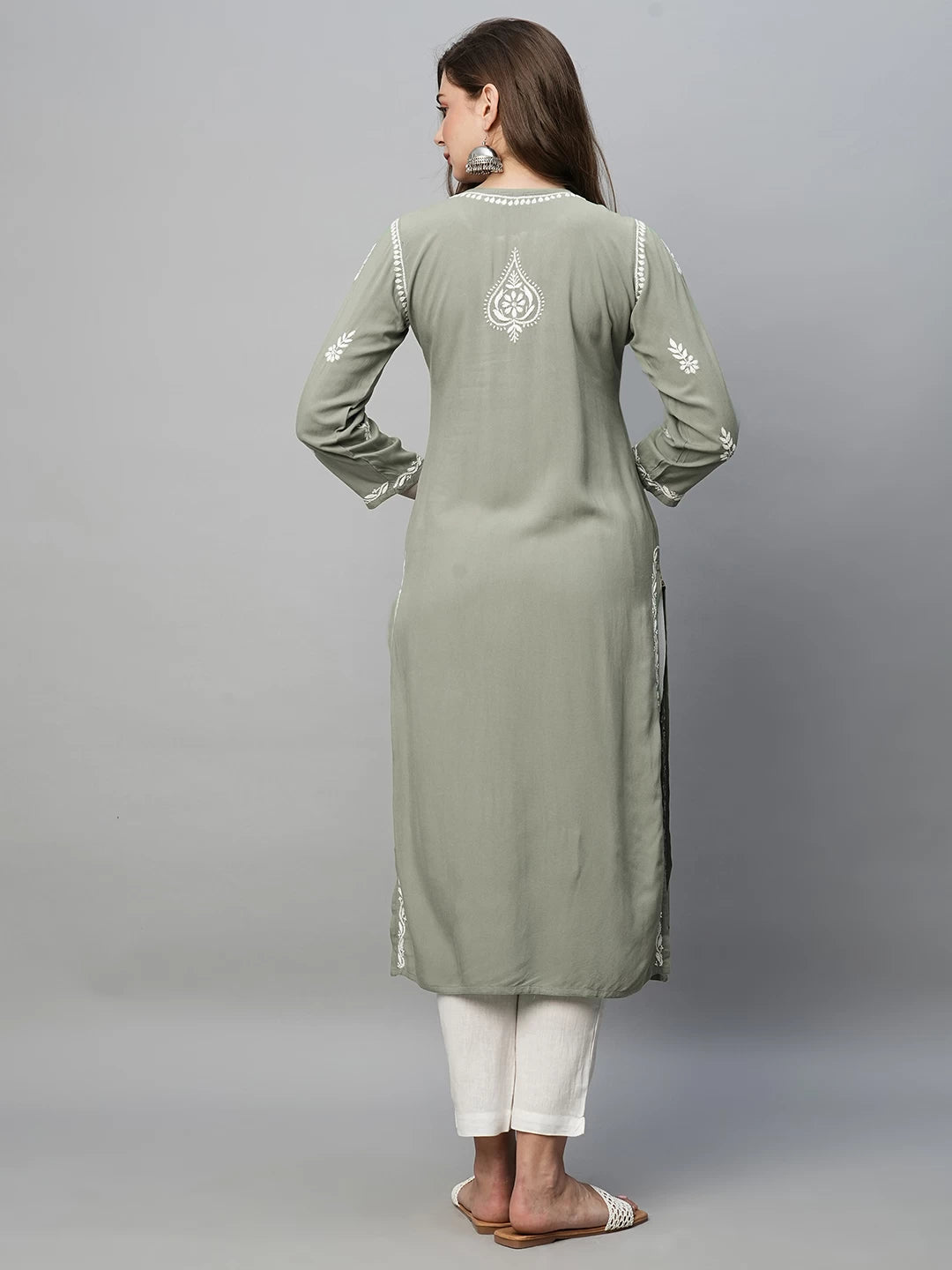 Ada Hand Embroidered Grey Rayon Lucknowi Chikankari Straight Kurta A411492