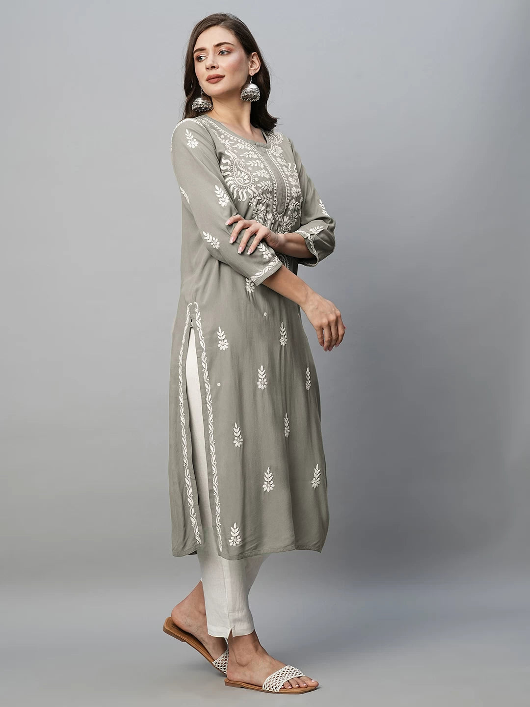 Ada Hand Embroidered Grey Rayon Lucknowi Chikankari Straight Kurta A411492