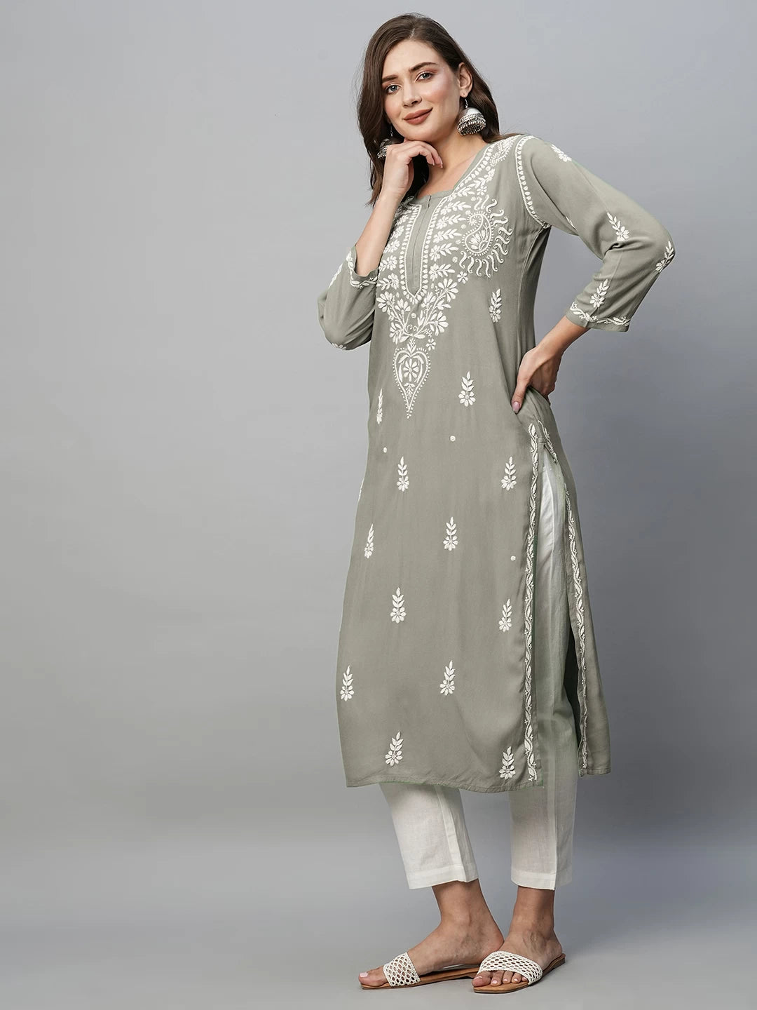 Ada Hand Embroidered Grey Rayon Lucknowi Chikankari Straight Kurta A411492