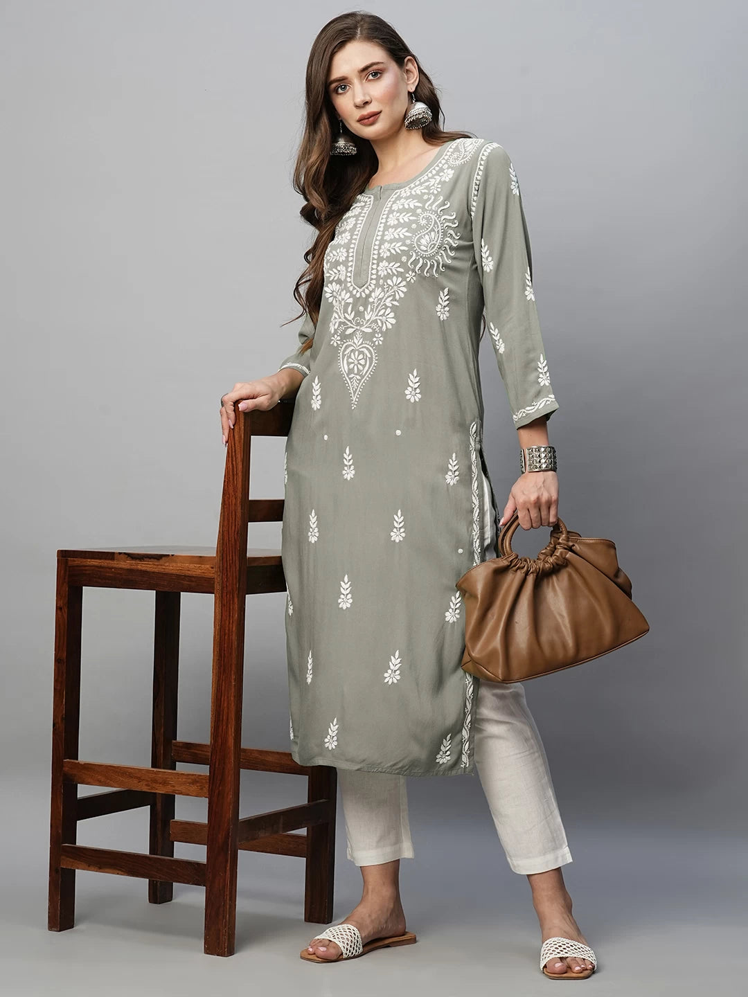 Ada Hand Embroidered Grey Rayon Lucknowi Chikankari Straight Kurta A411492