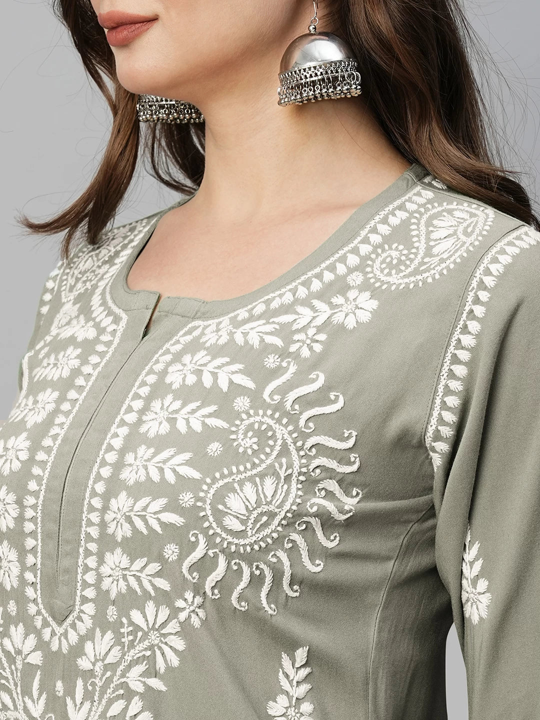 Ada Hand Embroidered Grey Rayon Lucknowi Chikankari Straight Kurta A411492