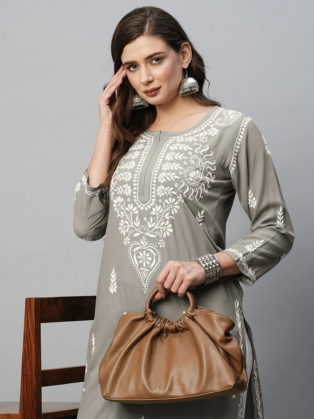 Ada Hand Embroidered Grey Rayon Lucknowi Chikankari Straight Kurta A411492