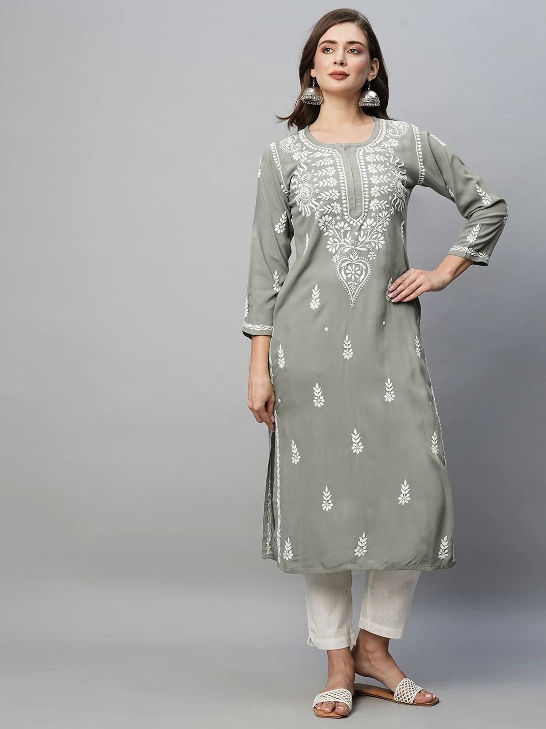Ada Hand Embroidered Grey Rayon Lucknowi Chikankari Straight Kurta A411492