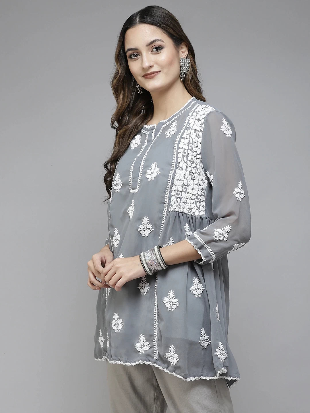 Ada Hand Embroidered Dark Grey Georgette Lucknowi Chikankari Flared Kurti With Slip A911255