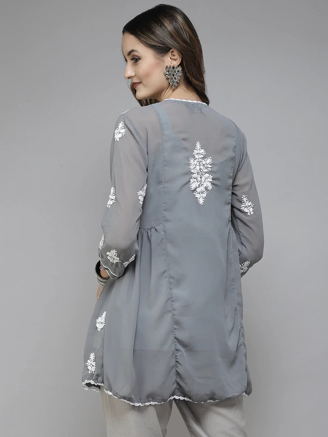 Ada Hand Embroidered Dark Grey Georgette Lucknowi Chikankari Flared Kurti With Slip A911255