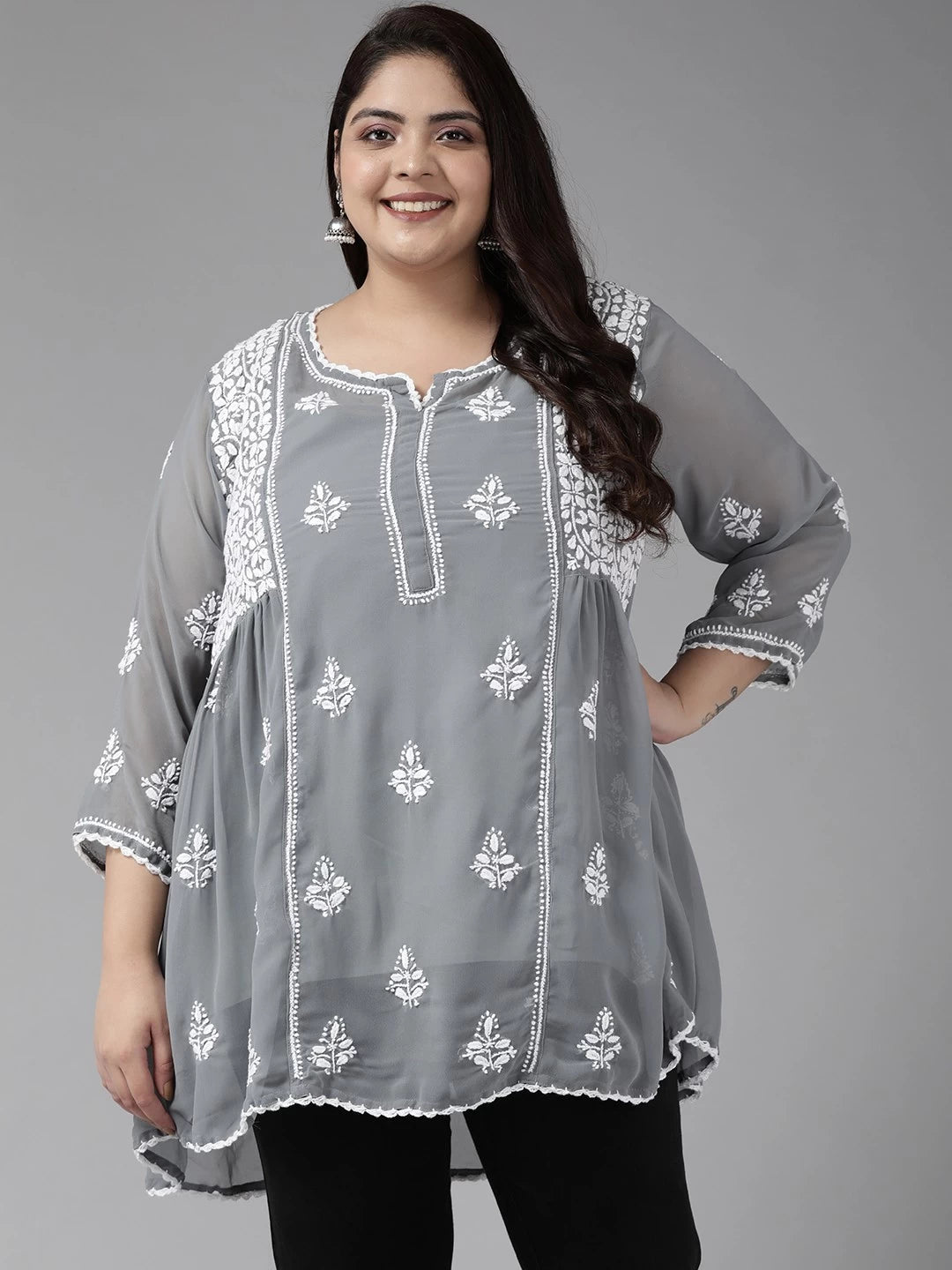 Ada Hand Embroidered Dark Grey Georgette Lucknowi Chikankari Flared Kurti With Slip A911255