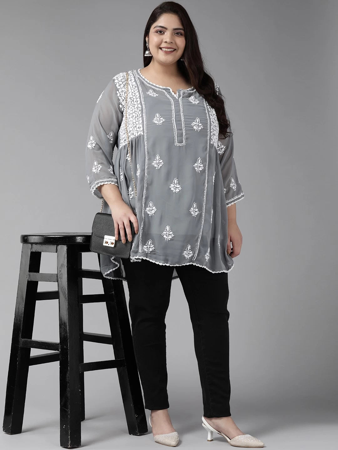 Ada Hand Embroidered Dark Grey Georgette Lucknowi Chikankari Flared Kurti With Slip A911255