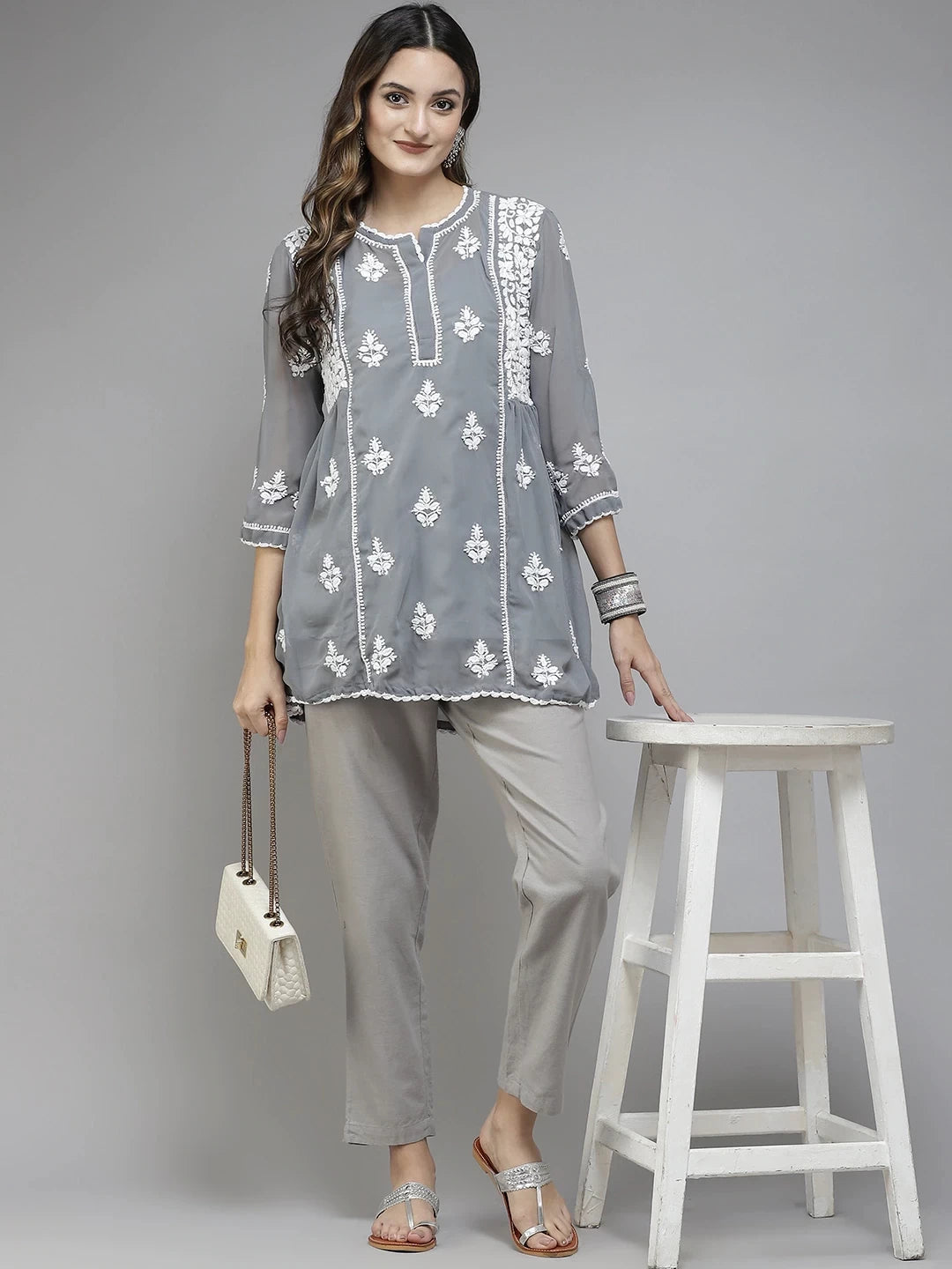 Ada Hand Embroidered Dark Grey Georgette Lucknowi Chikankari Flared Kurti With Slip A911255
