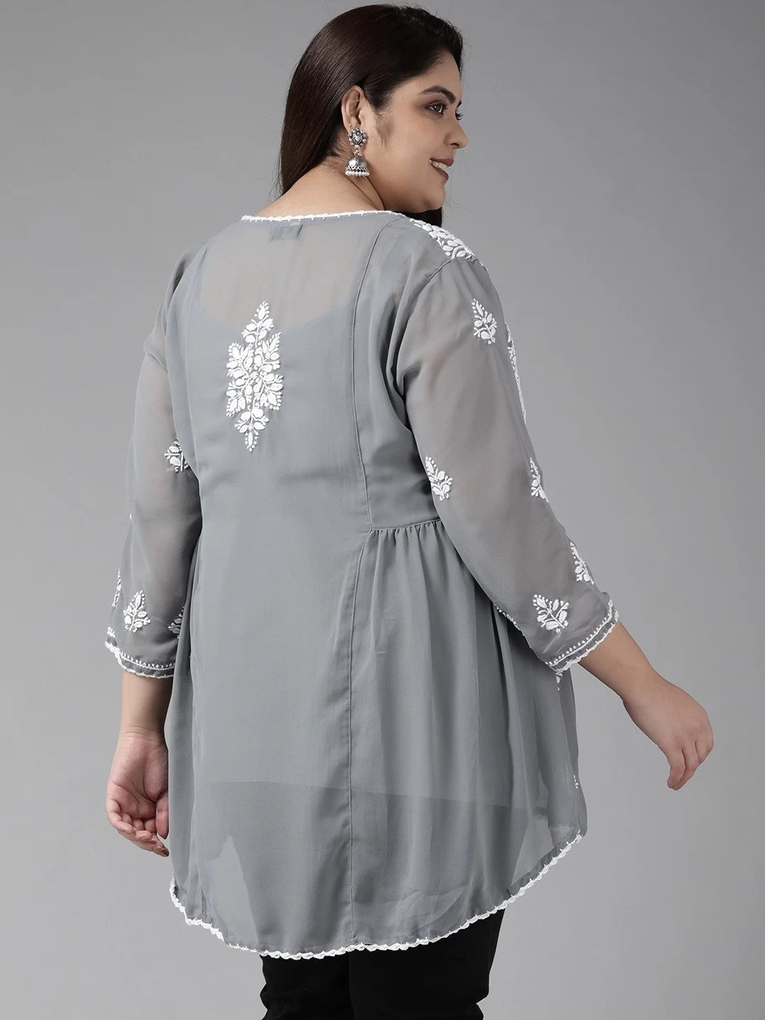 Ada Hand Embroidered Dark Grey Georgette Lucknowi Chikankari Flared Kurti With Slip A911255