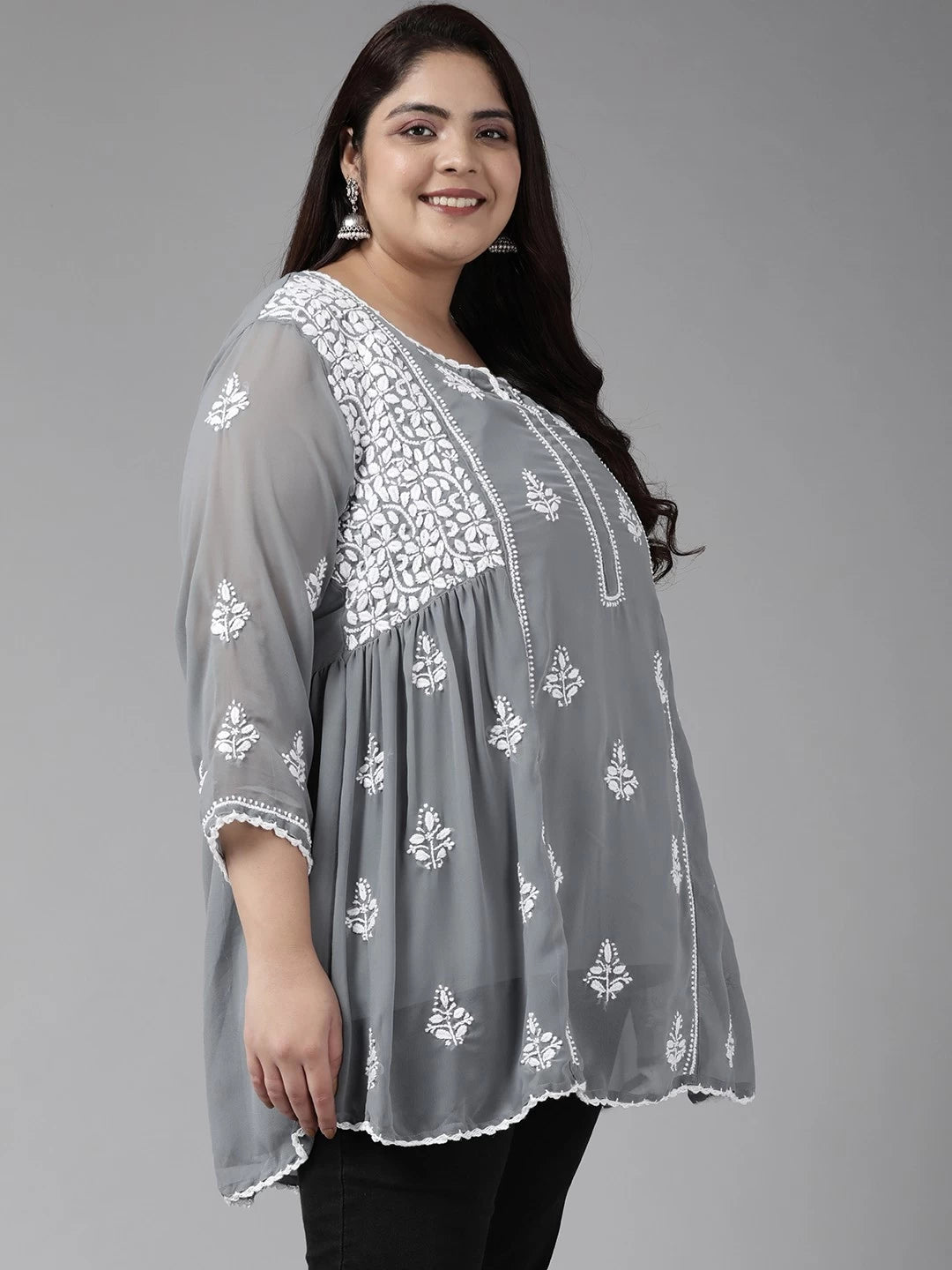 Ada Hand Embroidered Dark Grey Georgette Lucknowi Chikankari Flared Kurti With Slip A911255