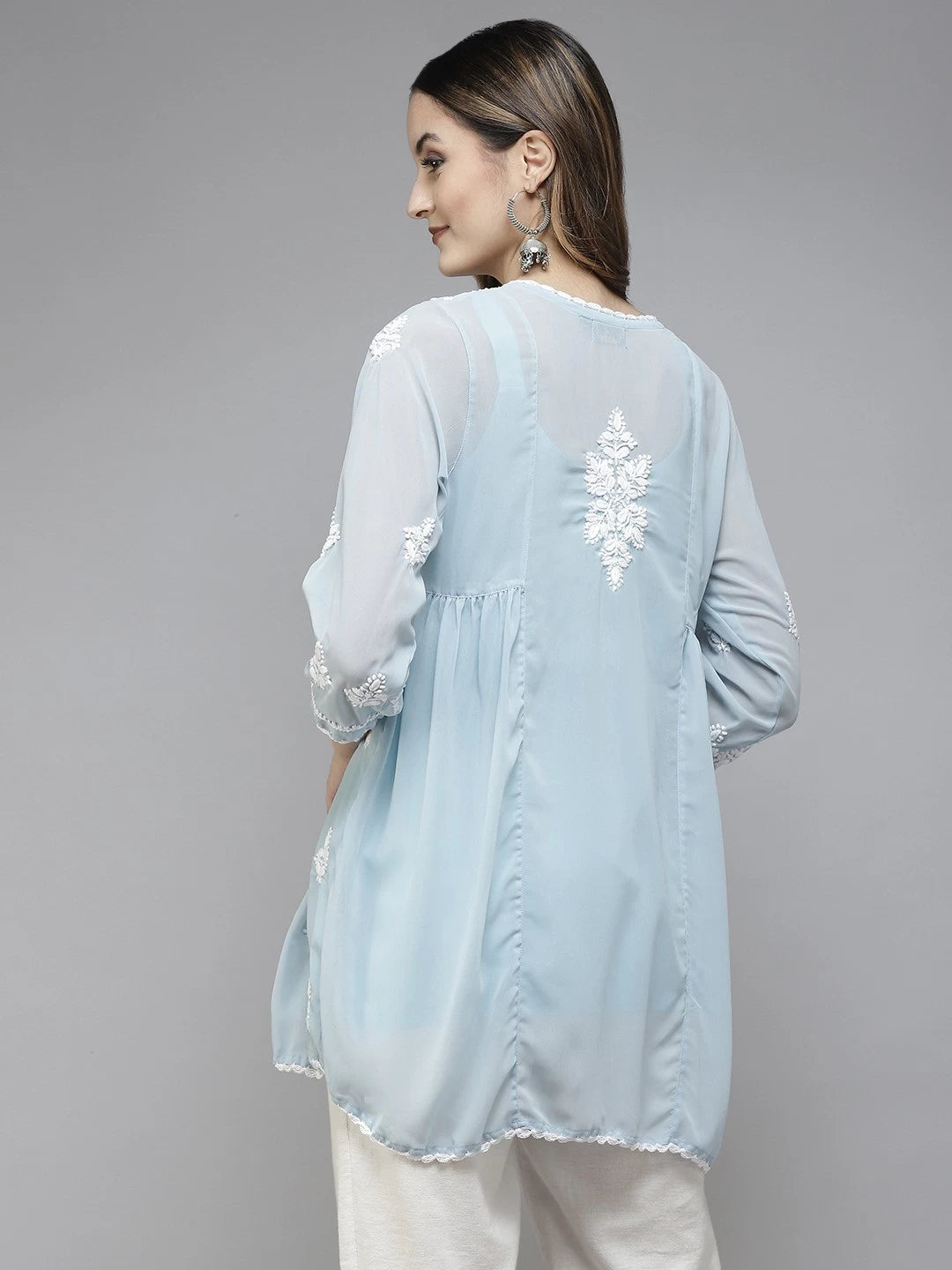 Ada Hand Embroidered Light Blue Georgette Lucknowi Chikankari Flared Kurti With Slip A911254