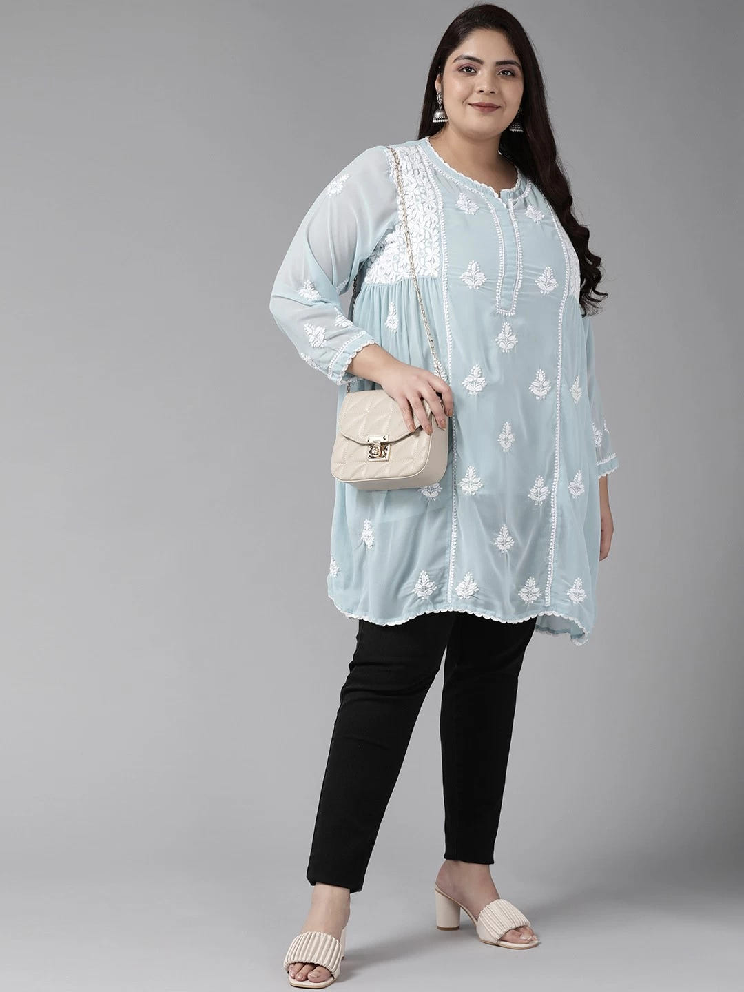 Ada Hand Embroidered Light Blue Georgette Lucknowi Chikankari Flared Kurti With Slip A911254