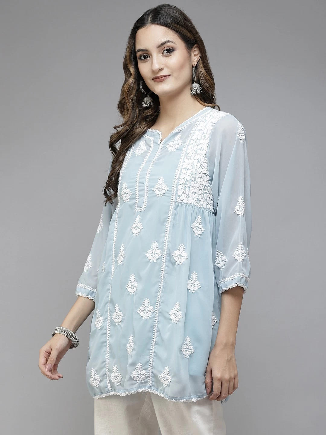 Ada Hand Embroidered Light Blue Georgette Lucknowi Chikankari Flared Kurti With Slip A911254