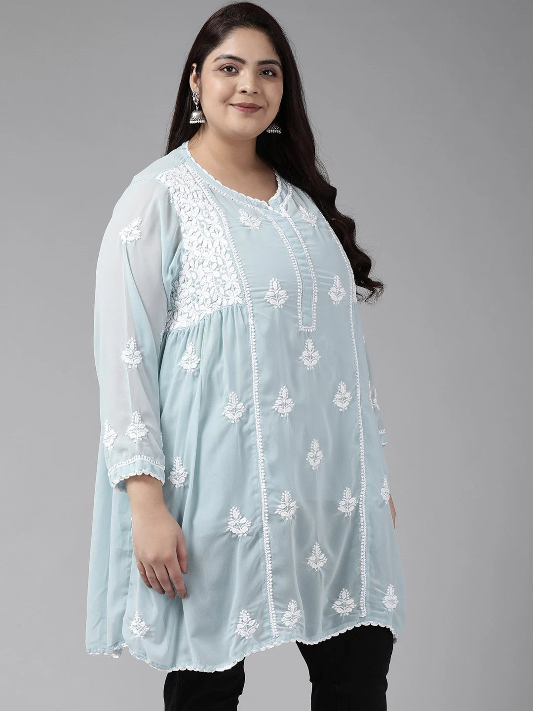 Ada Hand Embroidered Light Blue Georgette Lucknowi Chikankari Flared Kurti With Slip A911254