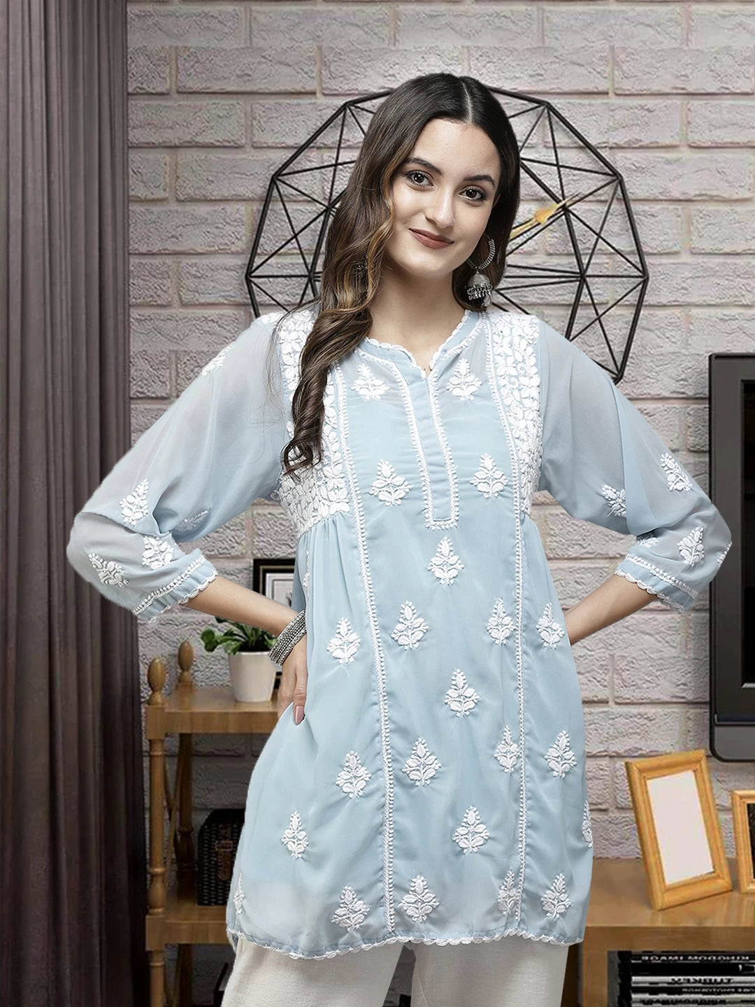 Ada Hand Embroidered Light Blue Georgette Lucknowi Chikankari Flared Kurti With Slip A911254