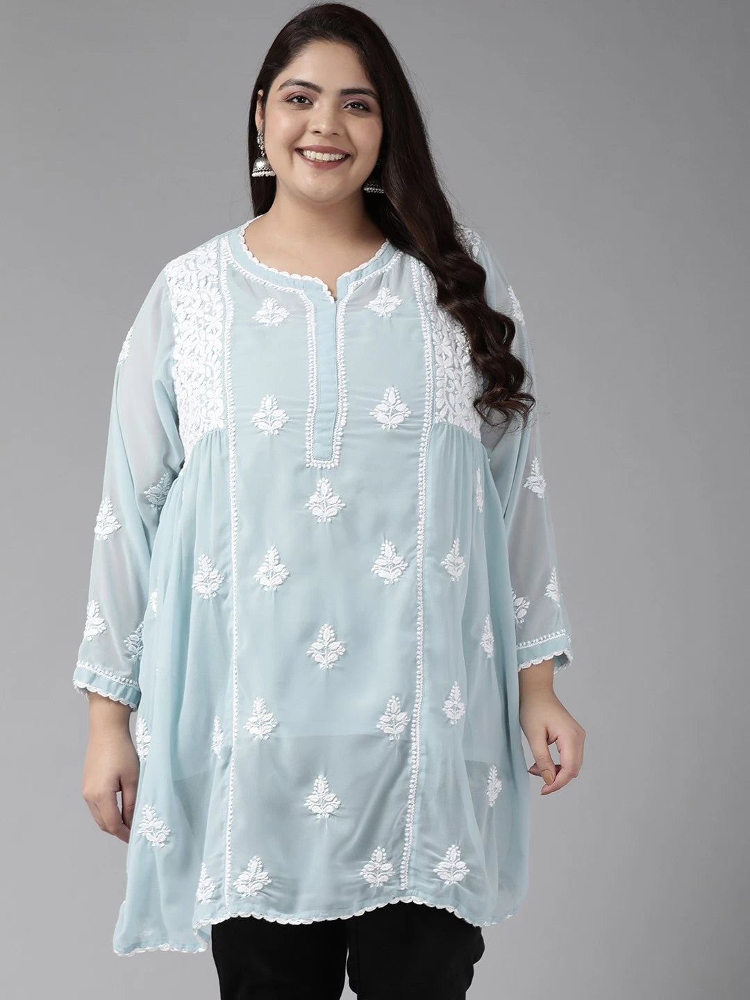 Ada Hand Embroidered Light Blue Georgette Lucknowi Chikankari Flared Kurti With Slip A911254